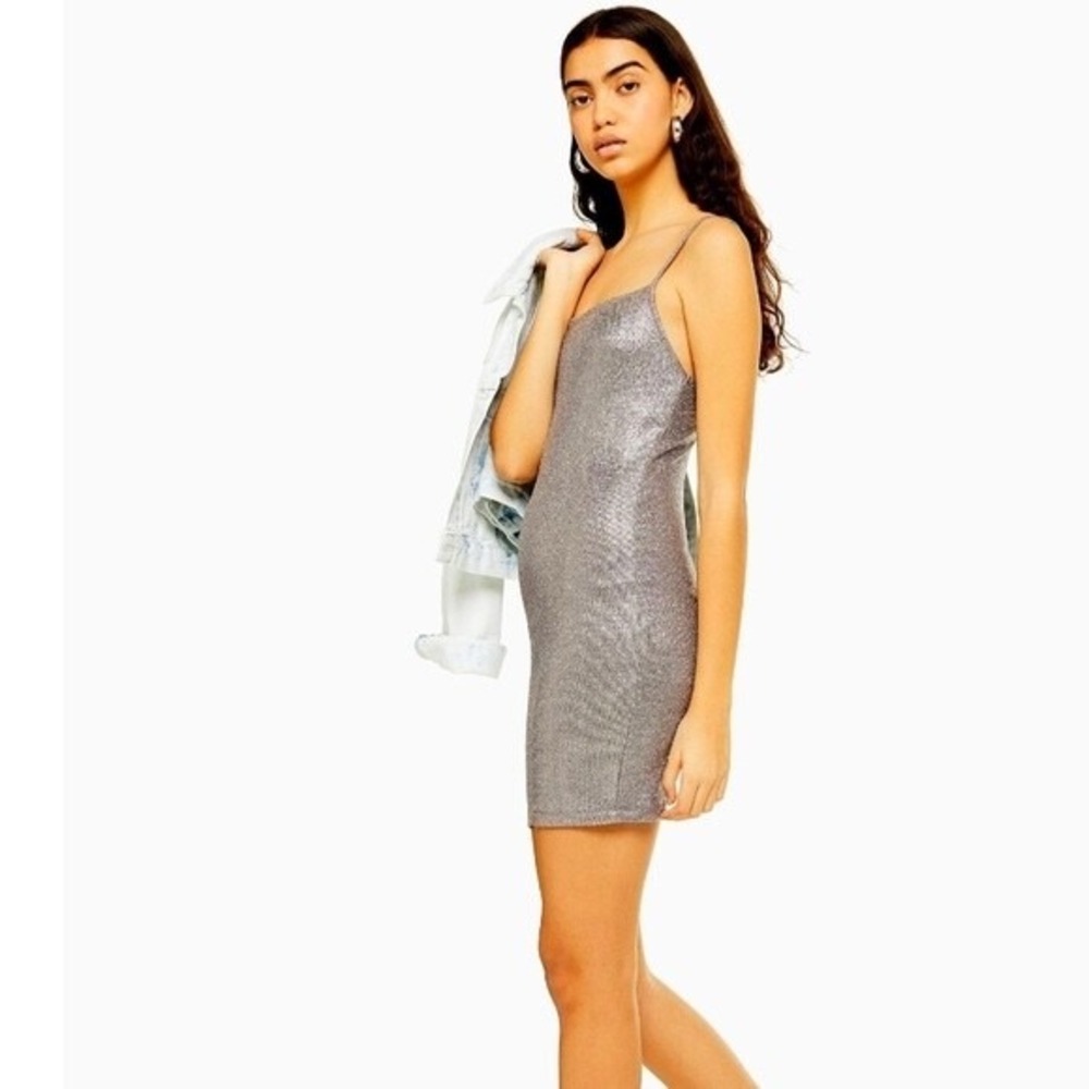 TOPSHOP Women's Metallic Foil Bodycon Mini Sparkle Silver Party Dress Size 4
